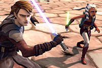 Anakin Skywalker and his padawan, Ahsoka Tano, fight to rescue Jabba the Hutt�s son. Image