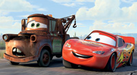 Comedian Larry the Cable Guy is the voice of Mater and Owen Wilson is Lightning McQueen in Pixar�s <i>Cars</i>. Image