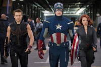Chris Evans is Captain American; Scarlett Johansson is Black Widow and Jeremy Renner is Hawkeye in 'The Avengers'