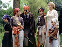 From left to right: Freddie Highmore, Joe Prospero, Johnny Depp, Nick Roud, Kate Winslet and Luke Spill star in 'Finding Neverland'