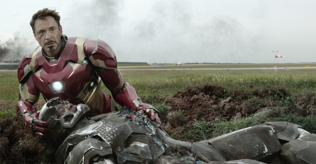 Iron Man (Robert Downey Jr.) tends to War Machine (Don Cheadle) in 'Captain America: Civil War'