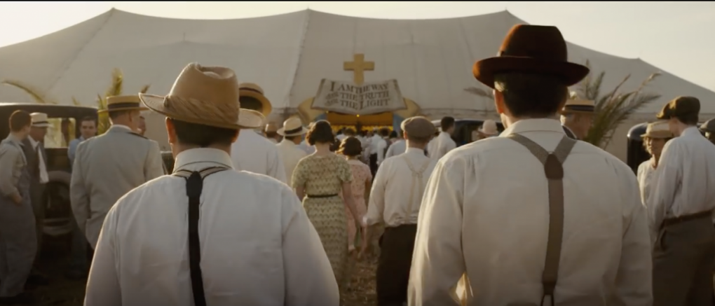 Chris Messina and Ben Affleck going to hear Elle Fanning speak in that tent in 'Live by Night'