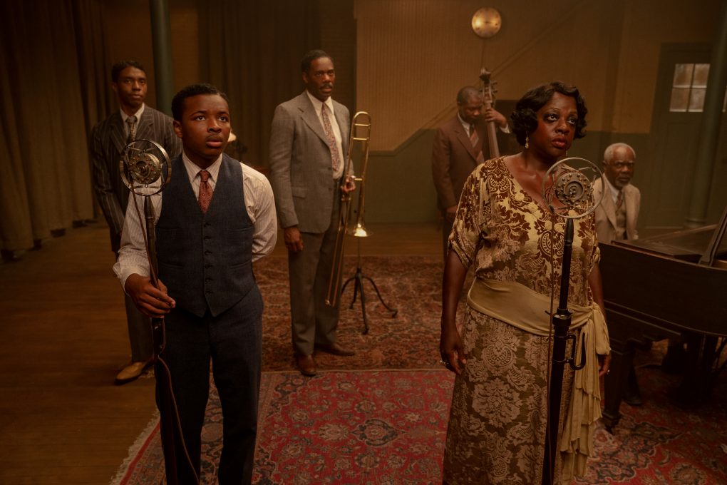 From left to right: Chadwick Boseman, Dusan Brown, Colman Domingo, Michael Potts, Viola Davis, and Glynn Turman in 'Ma Rainey's Black Bottom' on Netflix. (David Lee / Netflix)