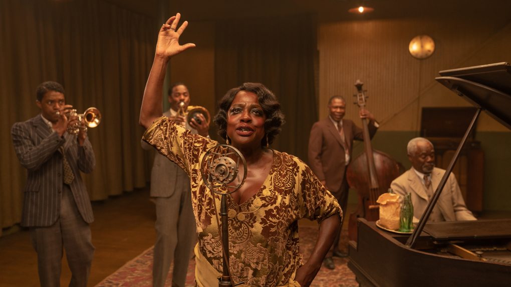 From left to right: Chadwick Boseman, Colman Domingo, Viola Davis, Michael Potts and Glynn Turman in 'Ma Rainey's Black Bottom' on Netflix. (David Lee/NETFLIX)