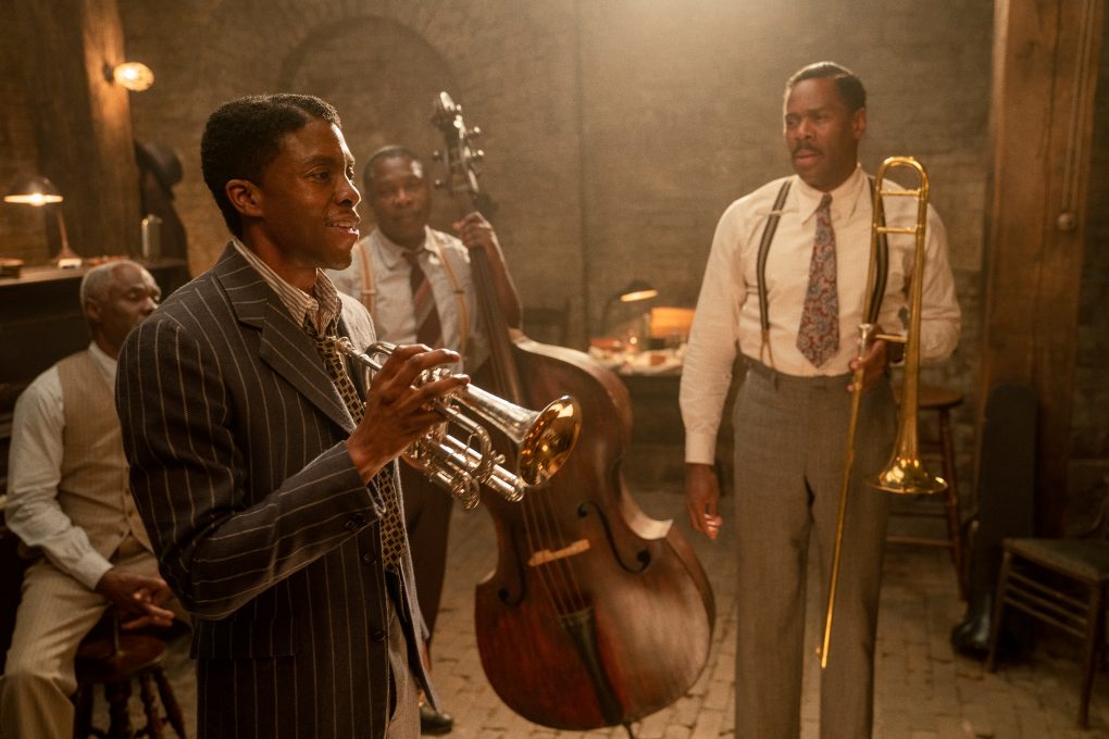 From left to right: Glynn Turman, Chadwick Boseman, Michael Potts, and Colman Domingo in 'Ma Rainey's Black Bottom' on Netflix. (David Lee / Netflix)