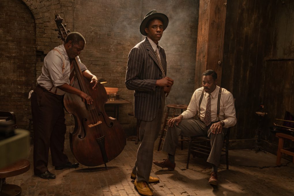 From left to right: Michael Potts, Chadwick Boseman and Colman Domingo in 'Ma Rainey's Black Bottom' on Netflix. (David Lee / Netflix)